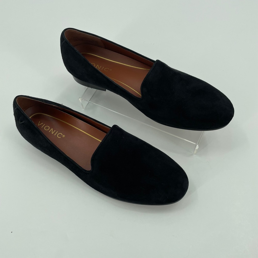 Vionic Womens Willa Loafer Sz. 8 Black EUC Suede Smoking Slipper Flat Comfort